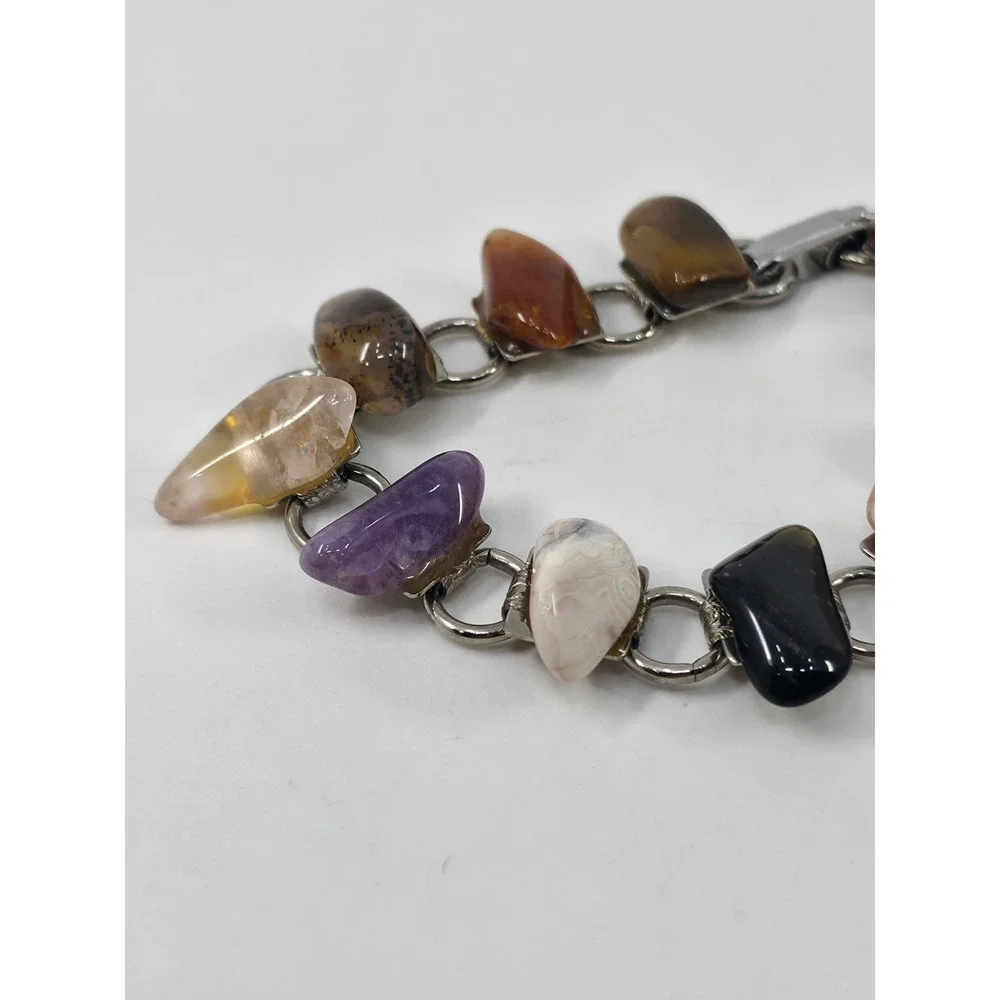 Vintage Mixed Stone & Enamel Bracelet Lot 3pc Amethyst Tigers Eye‎ Black Earthy